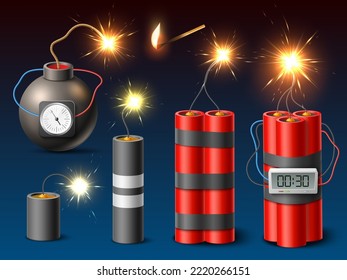 Dynamite with burning wicks. Realistic different types explosives, dynamite and bombs with clockwork mechanisms, weapon 3d elements. Equipment with detonator for destroying, utter vector set