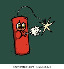 Dynamite character blowing out fire sparks. Bomb vector mascot. Funny dynamite character illustration