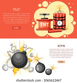 Dynamite with clock, dynamite sticks and vintage bomb. Cartoon style design. Vector illustration on white and red background. Web site page and mobile app design.