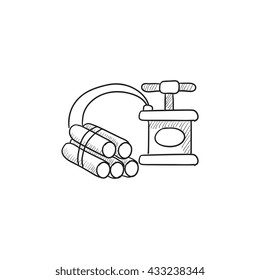 Dynamite and detonator vector sketch icon isolated on background. Hand drawn Dynamite and detonator icon. Dynamite and detonator sketch icon for infographic, website or app.