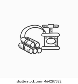 Dynamit und Detonator, Vektorgrafik Symbol einzeln auf Hintergrund. Handgezeichnete Dynamit- und Detonatorsymbol. Dynamit- und Detonatorskizze für Infografik, Website oder App.