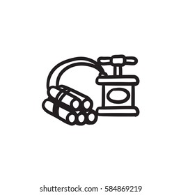 Icono de esbozo del vector dinamita y detonador aislado en el fondo. Icono de dinamita y detonador dibujado a mano. Icono de esbozo dinamita y detonador para infografía, sitio web o aplicación.