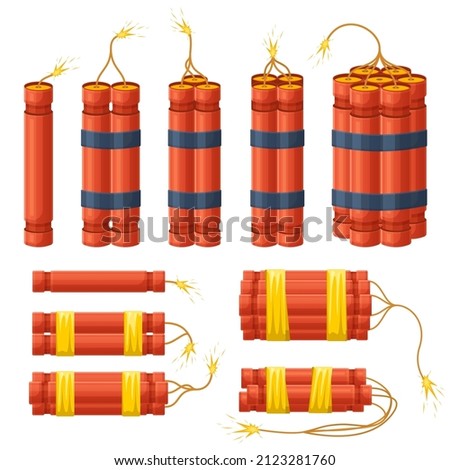 Dynamite explosive sticks, pyrotechnics explosion dynamite checkers. Red dynamite bomb burning sticks vector illustration set. Burning dynamite checkers. Dangerous detonate for attack by terrorism