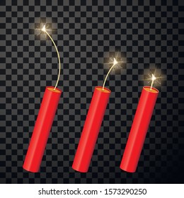 Dynamite Firecrackers Realistic Vector Illustrations Set. Red Fireworks With Burning Fuse 3d Cliparts. Sparkling Fire Crackers, Dynamite Checkers Isolated On Transparent Background