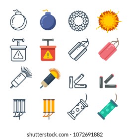 Dynamite, fireworks, pyrotechnic vector icons colored of set. Vector illustration