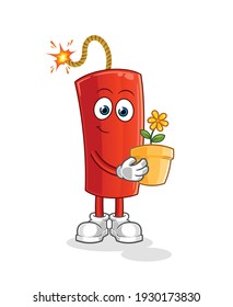 dinamita con una ilustración de maceta de flores. vector de caracteres