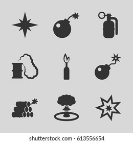 Dynamite icons set. set of 9 dynamite filled icons such as bomb, dynamite, explosion