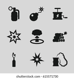 Dynamite icons set. set of 9 dynamite filled icons such as bomb, dynamite, explosion, smoking can