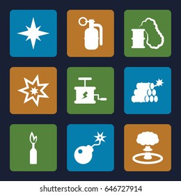 Dynamite icons set. set of 9 dynamite filled icons such as bomb, dynamite, explosion
