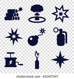 Dynamite icons set. set of 9 dynamite filled icons such as bomb, dynamite, explosion