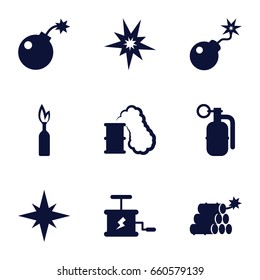 Dynamite icons set. set of 9 dynamite filled icons such as bomb, dynamite, explosion, smoking can