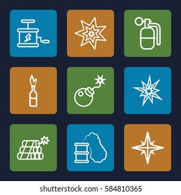dynamite icons set. Set of 9 dynamite outline icons such as bomb, dynamite, explosion, smoking can