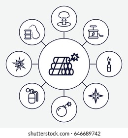 Dynamite icons set. set of 9 dynamite outline icons such as bomb, dynamite, explosion, smoking can