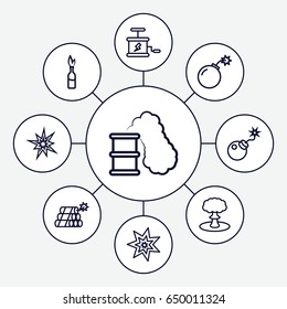 Dynamite icons set. set of 9 dynamite outline icons such as bomb, dynamite, explosion, smoking can
