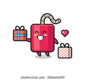 caricatura de mascota dinamita dando el regalo , diseño de estilo lindo para camiseta, pegatina, elemento logo