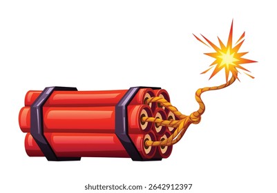 Dynamite pack with a lit fuse, ready to blast. Vector cartoon illustration
