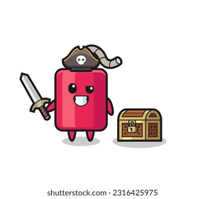 el personaje pirata dinamita sostiene la espada al lado de una caja del tesoro, diseño de estilo lindo para camiseta, pegatina, elemento logo