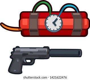 Dynamite and pistol with silencer cartoon vector isolated icon