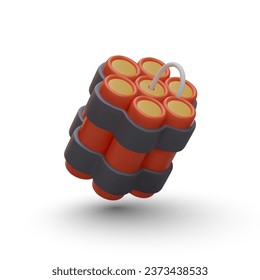Dynamite red bomb with lit fuse. Military detonate red weapon. Realistic fuses with detonating device TNT, burning cable hazard. Vector illustration in 3d style