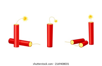 Dynamite Red Stick As Explosive Material With Blasting Cap And Cable Or Fuse Vector Set