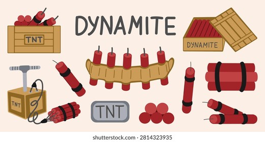 Dynamite set. Hand drawn vector flat. TNT explosives. Electronic detonator. Bomb. Full wooden box and belt. Boom. Bundle of sticks. Color illustration.