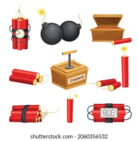 Dynamite set. Red sticks, detonator box and bomb with bickford fuse vector illustration