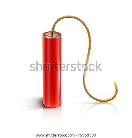 dynamite stick with burning bickford fuse vector illustration isolated on white background EPS10. Transparent objects used for shadows and lights drawing