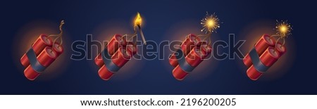 Dynamite sticks with burning fuse and match. Explosive military or mining tnt weapon or firecrackers with sparkling wick. Dangerous equipment with detonator for destroying Realistic 3d vector set