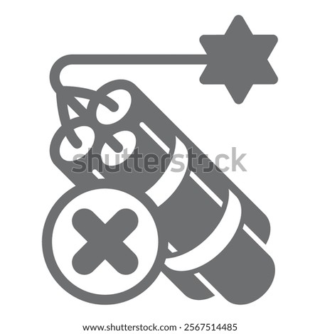 Dynamite sticks with fuse ban solid icon, prohibited items concept. Vector graphics. Burning dynamite bomb forbidden sign on white background, glyph style icon for mobile or web design