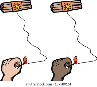 Dynamite sticks with fuse being lit by hand on isolated background