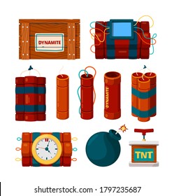 Dynamite sticks. Risk dangerous items bomb with clock alarm and timer detonator explosion burn vector cartoon pictures set