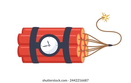 Dynamitstäbchen, eingestellt. Rote Stöcke mit brennenden Sicherungen und Explosionszeitgeber. Trinitrotoluol-Symbol für explosive Objekte. Vektorgrafik