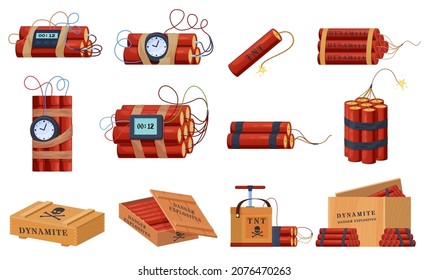 Dynamite sticks set vector flat illustration. Box with ready explosives cartridge belt hand detonators collection isolated. Miniature fuses red stick with detonating device TNT, burning cable hazard