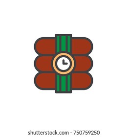 Dynamite with stopwatch filled outline icon, line vector sign, linear colorful pictogram isolated on white. Explosive bomb symbol, logo illustration. Pixel perfect vector graphics