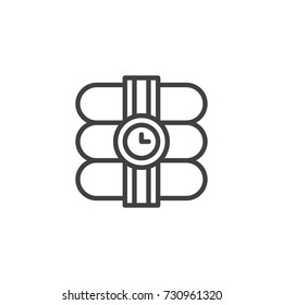 Dynamite with stopwatch line icon, outline vector sign, linear style pictogram isolated on white. Explosive bomb symbol, logo illustration. Editable stroke