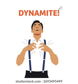 Ilustração dinâmica de sucesso com um homem alegre comemorando a conquista com um gesto expressivo, isolado no branco. Esta arte vetorial de design plana simboliza excelente desempenho e