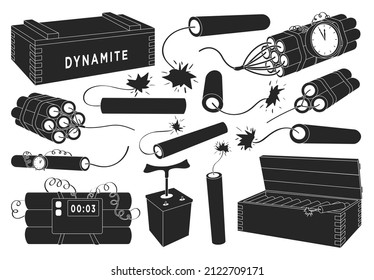 Dynamik, Vektorgrafik auf weißem Hintergrund. Vektorschwarz-Set-Symbol Sicherung explosiv. Einziger schwarzer Satz Symbol-Dynamit.