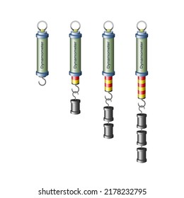 Dynamometer. Force measuring instrument. Set of four silvery cylindrical spring dynamometers with red pointers and various weights isolated on white background. Dynamometer for scientific purposes.