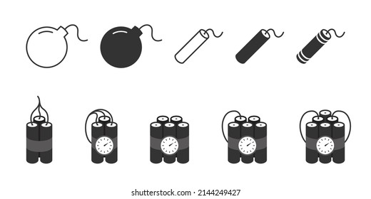 Dynamyte And Bomb Icon Set. Bomb With Lit Fuse Sign Collection. Flat Vector Illustration.