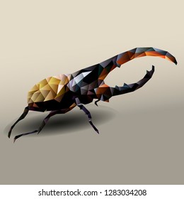 Dynastes hercules. Beetle Hercules. painted in low poly style, in brown, black, gray colors. Triangles in the gradient. Vector illustration.