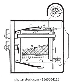 Dyneto Sectional view showing details of Dyneto regulator cut out, vintage line drawing or engraving illustration.