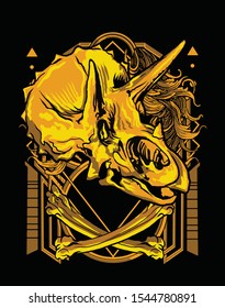 Dynosaur triceratops fossil gold black with sacred geometry background