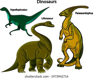 Dypsilophodon ,ultrasaurus parasaurolophus , dinosaurs.Dinosaur color cartoon set of different kinds of jurassic fossils persons with description isolated  .Vector illustration