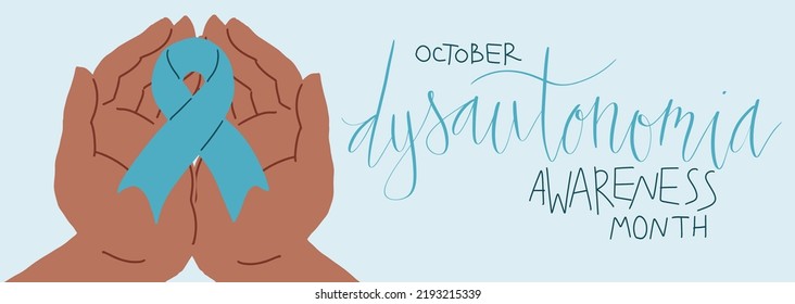 Dysautonomia Awareness Month October promotion banner template. Human hands holding support ribbon vector.