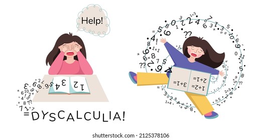 Dyscalculia concept. Child suffering with dyscalculia is having difficulty in mathematics. Sad girl flying with numbers. Vector illustration isolated on white background.