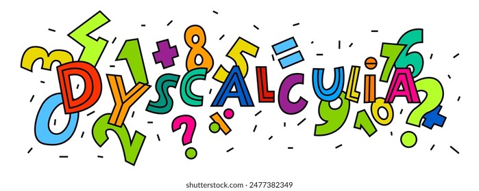 Dyscalculia concept. Math disability banner. Number dyslexia horizontal poster. Arithmetic disorder landscape print. Editable vector illustration in pop art style isolated on a white background.