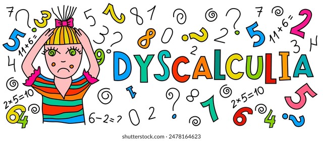 Dyscalculia concept. Math disability banner. Number dyslexia landscape poster. Arithmetic disorder horizontal print. Editable vector illustration in pop art style isolated on a white background.