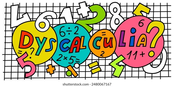 Dyscalculia concept. Math disability banner. Number dyslexia horizontal poster. Arithmetic disorder landscape print. Editable vector illustration in pop art style isolated on a white background.