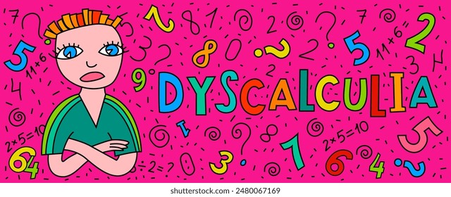 Dyscalculia concept. Math disability banner. Number dyslexia landscape poster. Arithmetic disorder horizontal print. Editable vector illustration in pop art style isolated on a magenta background.