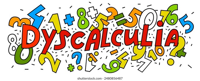 Dyscalculia concept. Math disability banner. Number dyslexia horizontal poster. Arithmetic disorder landscape print. Editable vector illustration in pop art style isolated on a white background.